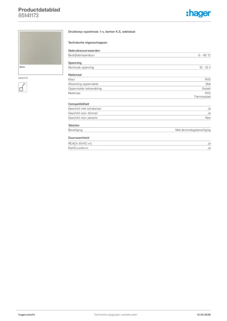 Afbeelding Hager Productdatablad 85141173 | Hager Nederland