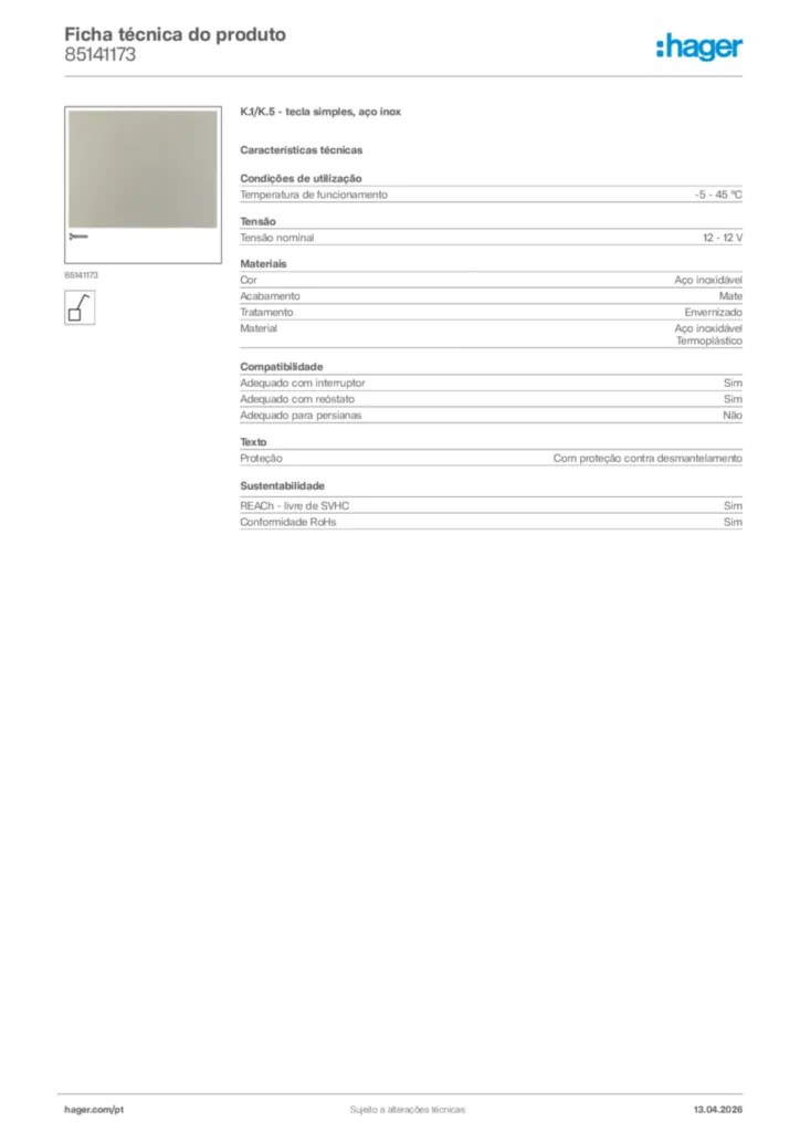 Imagem Hager Ficha técnica do produto 85141173 | Hager Portugal