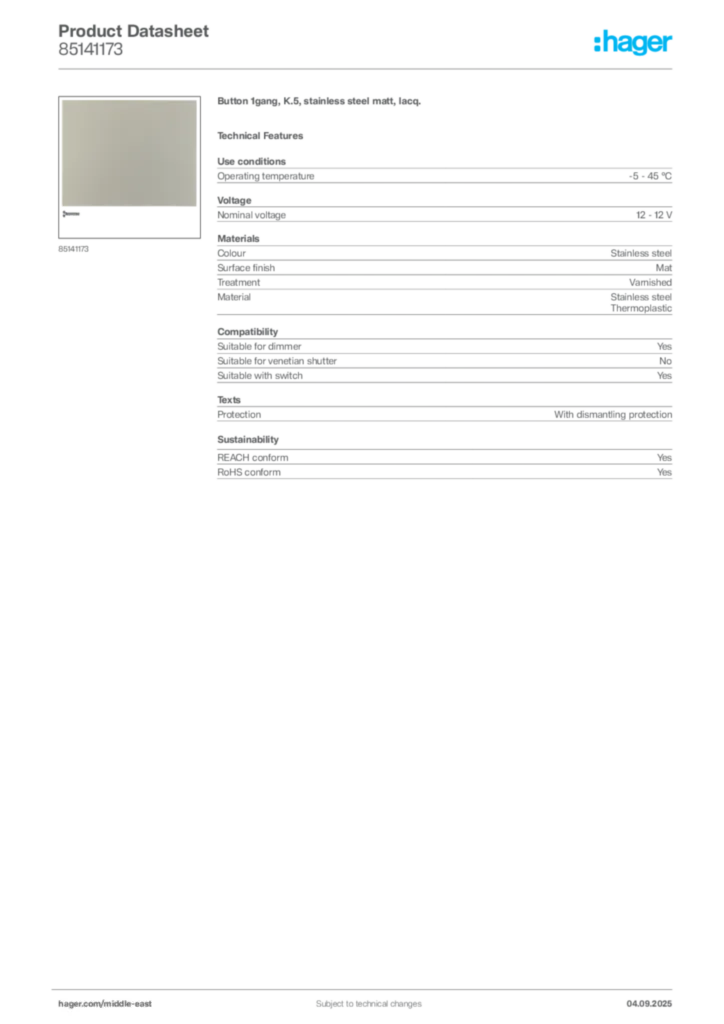 Image Hager Product data sheet 85141173  | Hager