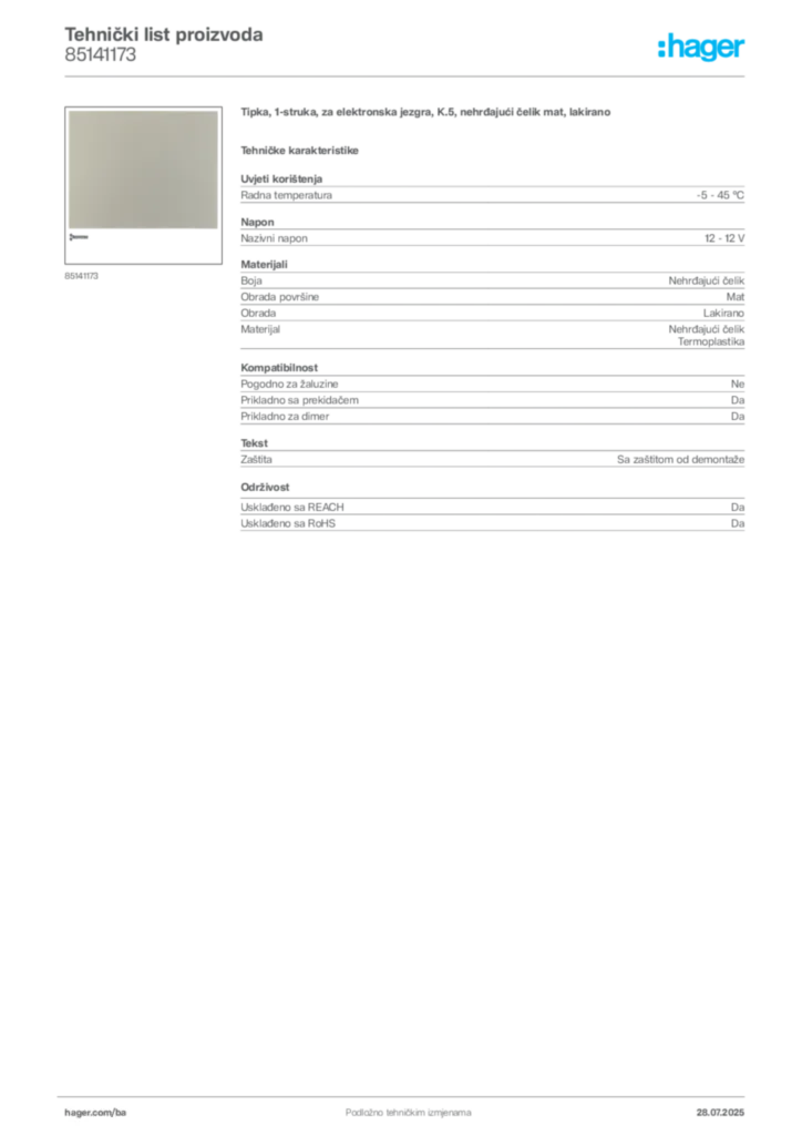 Slika Hager Product data sheet 85141173  | Hager