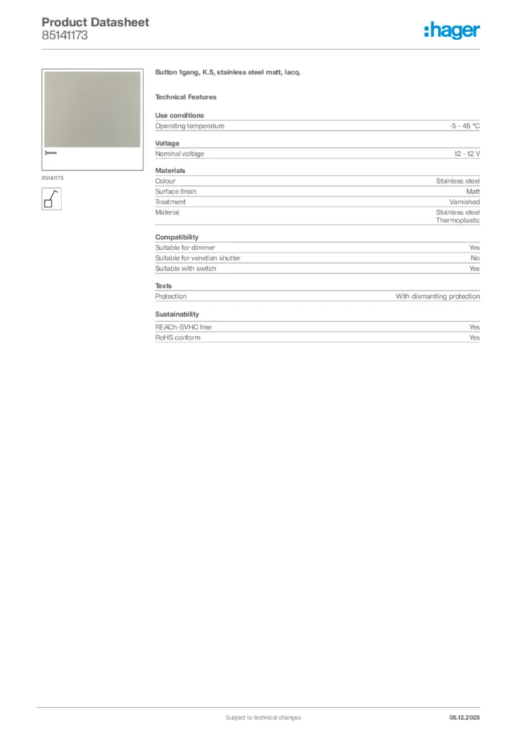 Image Hager Product data sheet 85141173  | Hager