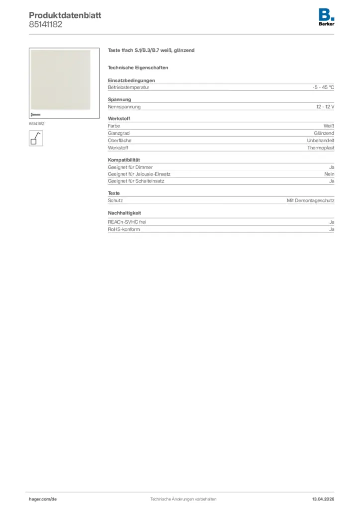 Bild Berker Produktdatenblatt 85141182 | Hager Deutschland