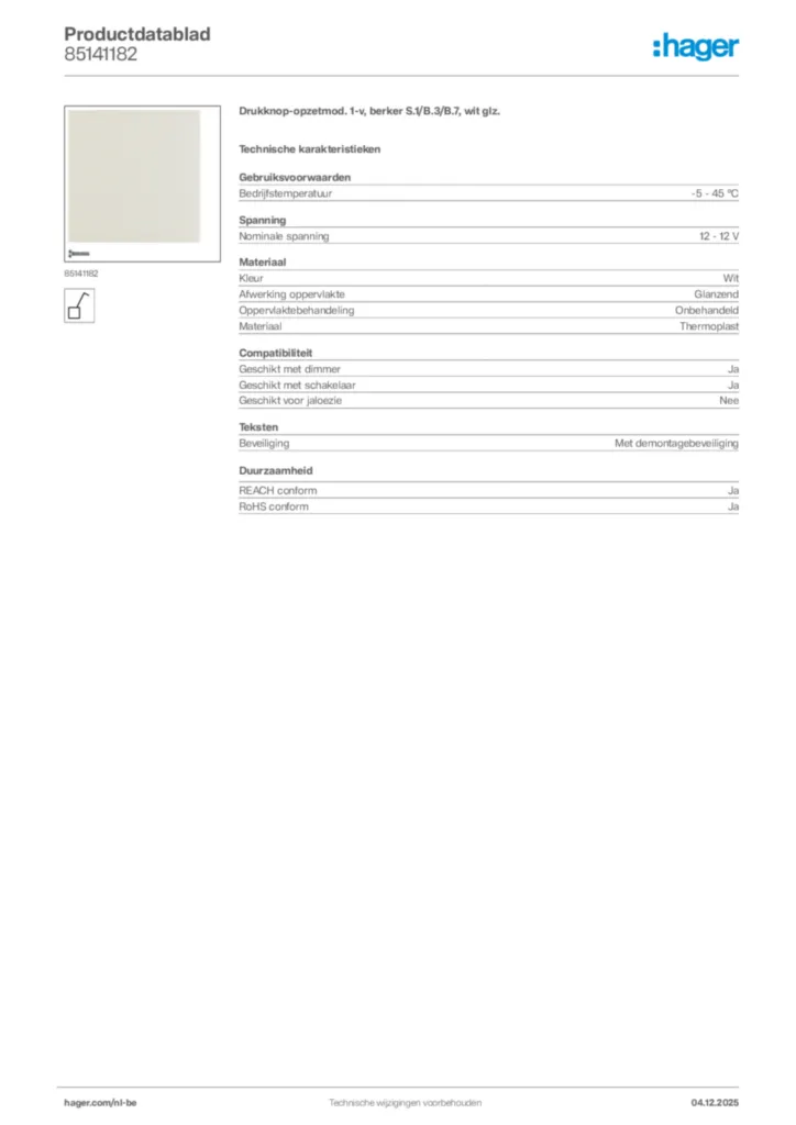 Afbeelding Hager Productdatablad 85141182 | Hager Belgium