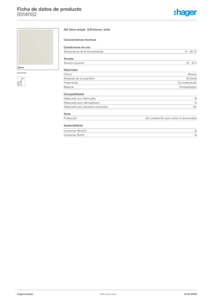 Imagen Hager Ficha de datos de producto 85141182 | Hager España