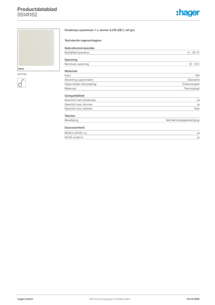 Afbeelding Hager Productdatablad 85141182 | Hager Nederland
