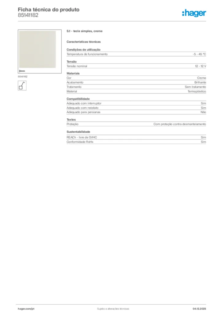 Imagem Hager Ficha técnica do produto 85141182 | Hager Portugal