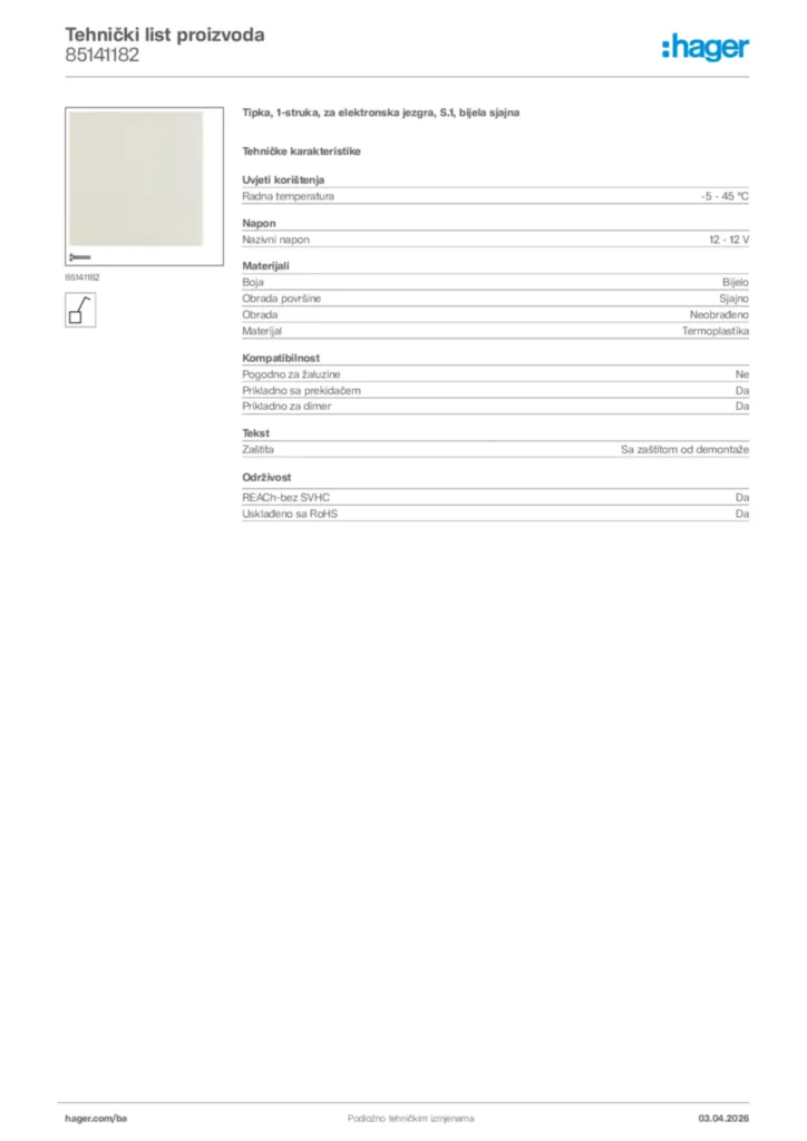 Slika Hager Tehnički list proizvoda 85141182  | Hager