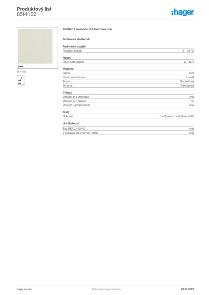 Obrázek Hager Product data sheet 85141182 | Hager