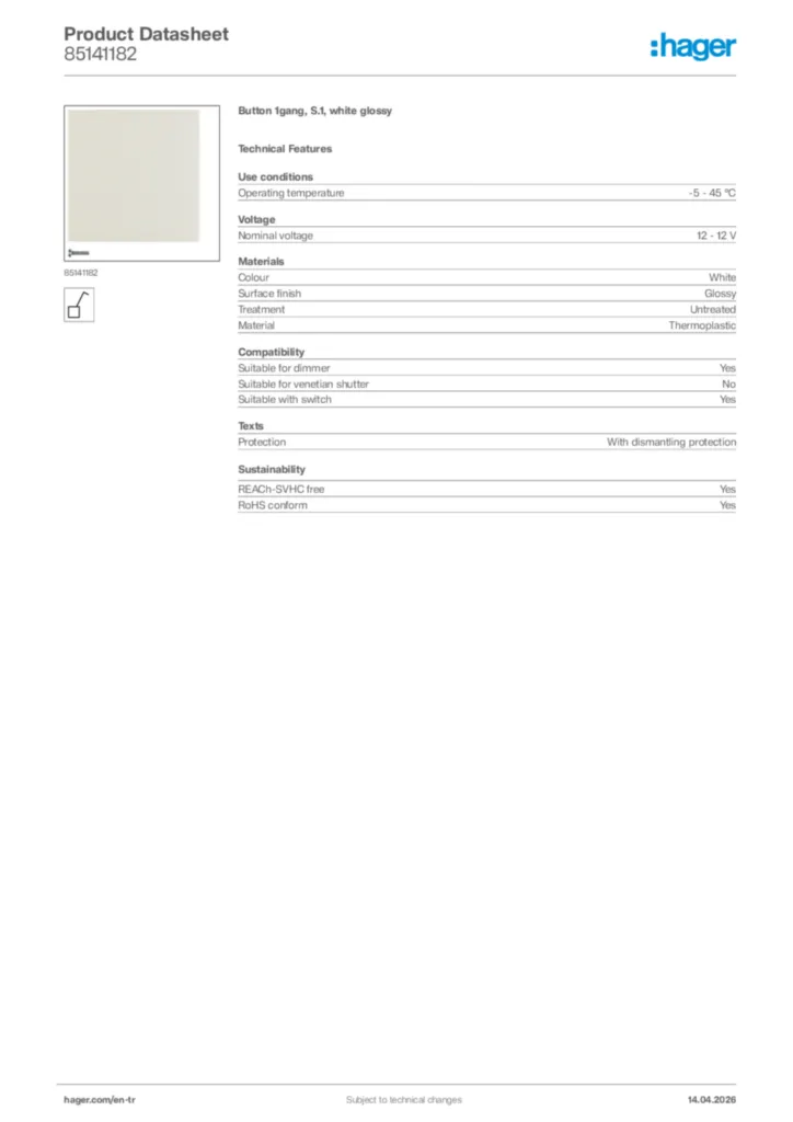 Image Hager Product data sheet 85141182  | Hager