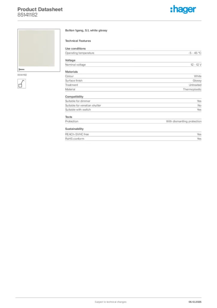 Image Hager Product data sheet 85141182  | Hager