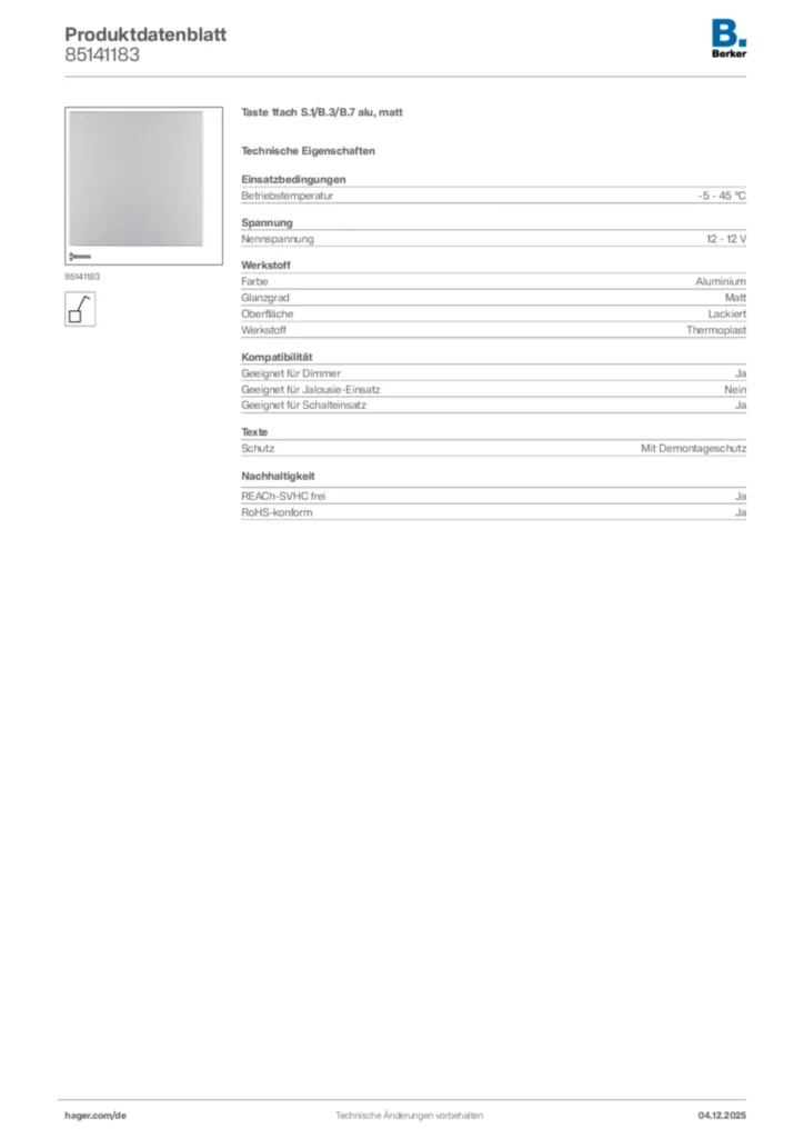 Bild Berker Produktdatenblatt 85141183 | Hager Deutschland