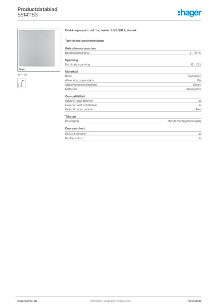 Afbeelding Hager Productdatablad 85141183 | Hager Belgium