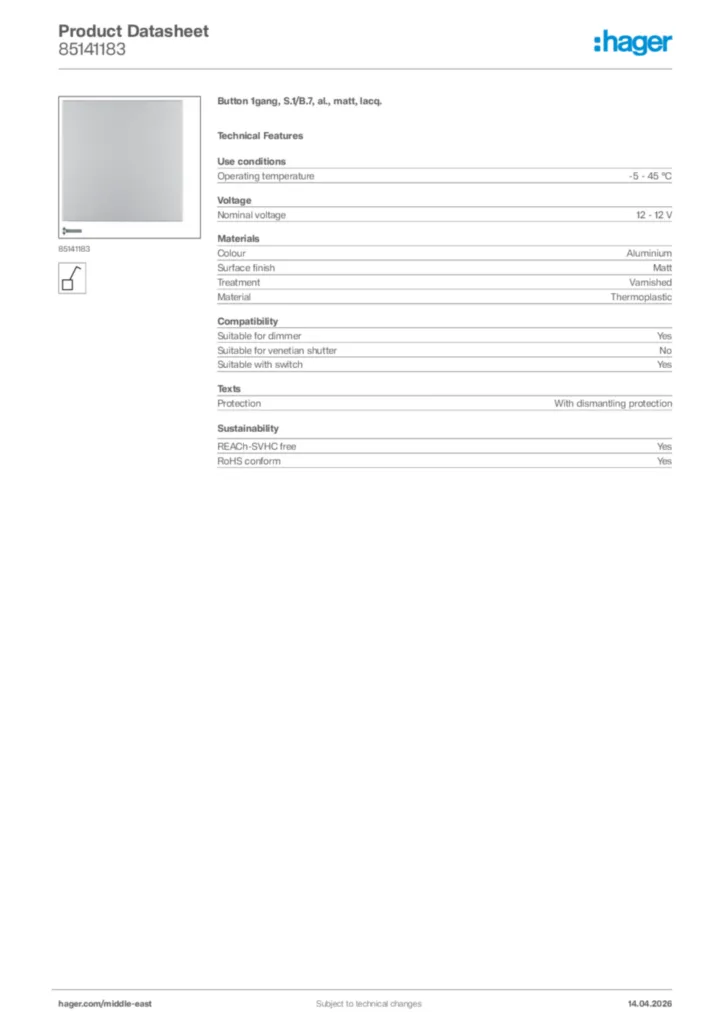 Image Hager Product data sheet 85141183  | Hager