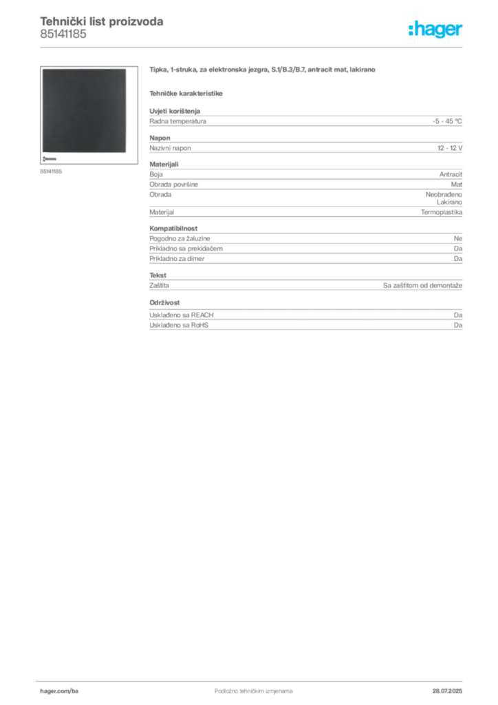Slika Hager Product data sheet 85141185  | Hager