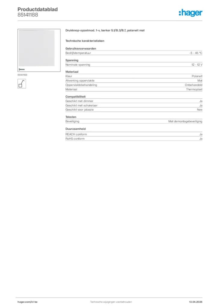 Afbeelding Hager Productdatablad 85141188 | Hager Belgium