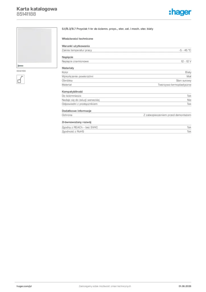 Zdjęcie Hager Karta katalogowa 85141188 | Hager Polska
