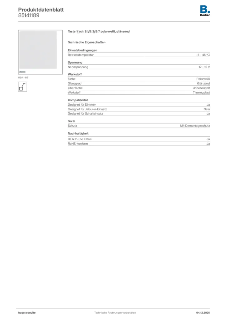 Bild Berker Produktdatenblatt 85141189 | Hager Deutschland