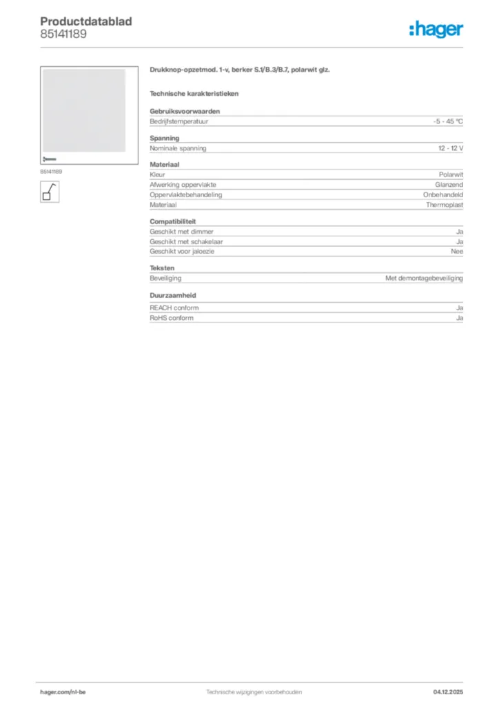 Afbeelding Hager Productdatablad 85141189 | Hager Belgium