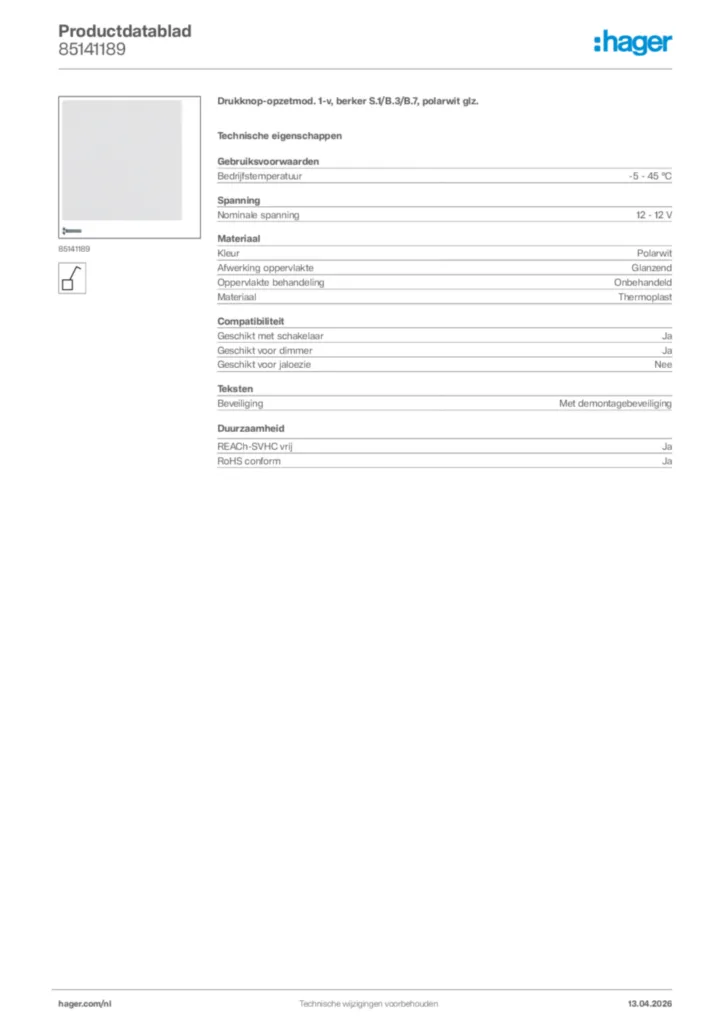 Afbeelding Hager Productdatablad 85141189 | Hager Nederland
