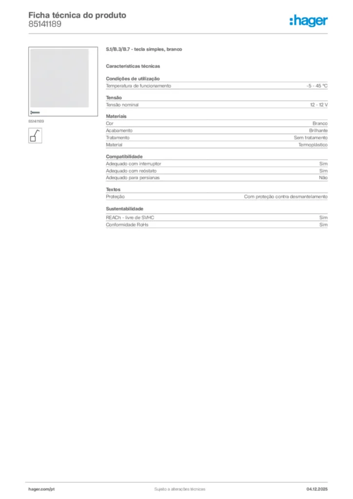 Imagem Hager Ficha técnica do produto 85141189 | Hager Portugal