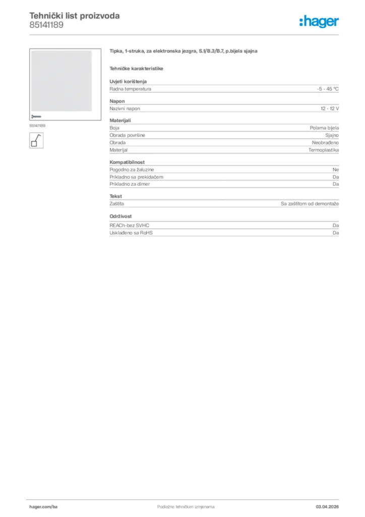 Slika Hager Tehnički list proizvoda 85141189  | Hager