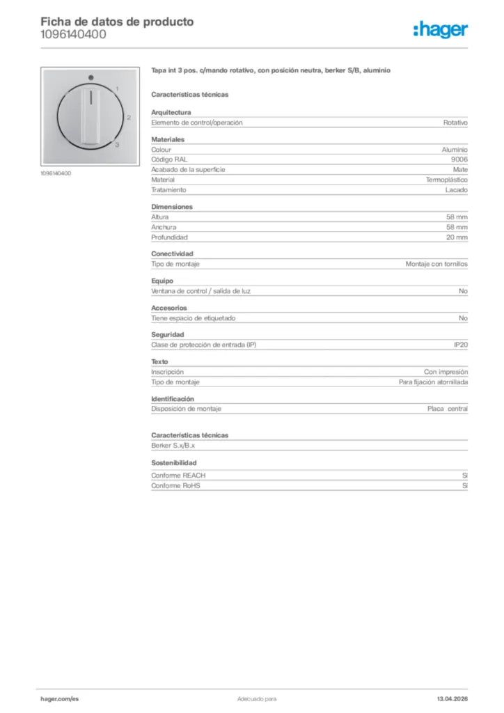 Imagen Hager Ficha de datos de producto 1096140400 | Hager España