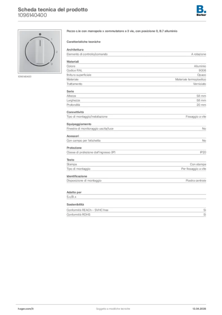 Immagine Berker Scheda tecnica del prodotto 1096140400 | Hager Italia