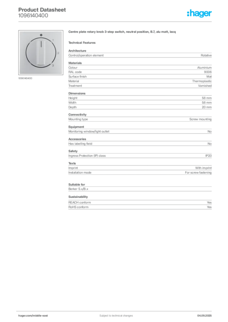 Image Hager Product data sheet 1096140400  | Hager