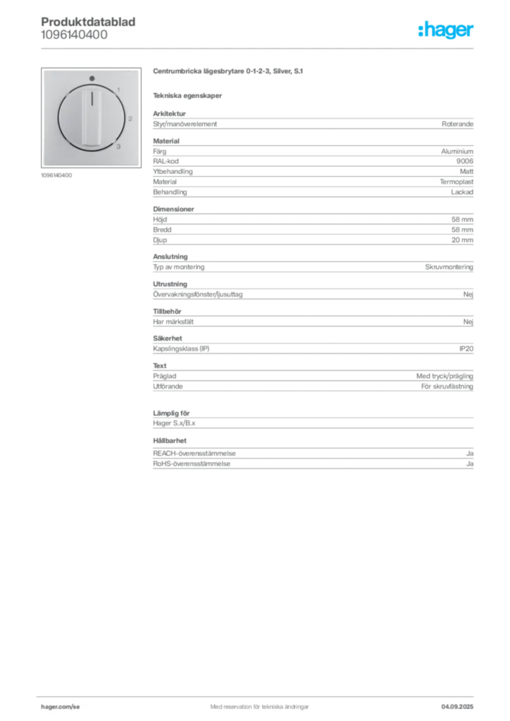 Bild Hager Produktdatablad 1096140400 | Hager Sverige