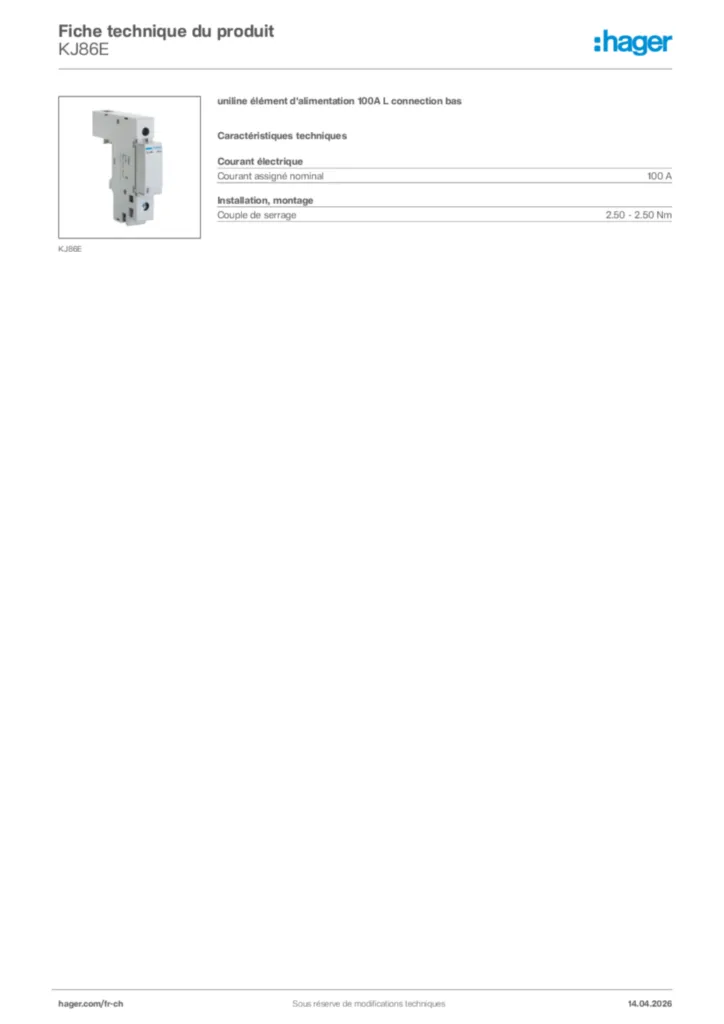 Image Hager Fiche technique du produit KJ86E | Hager Suisse