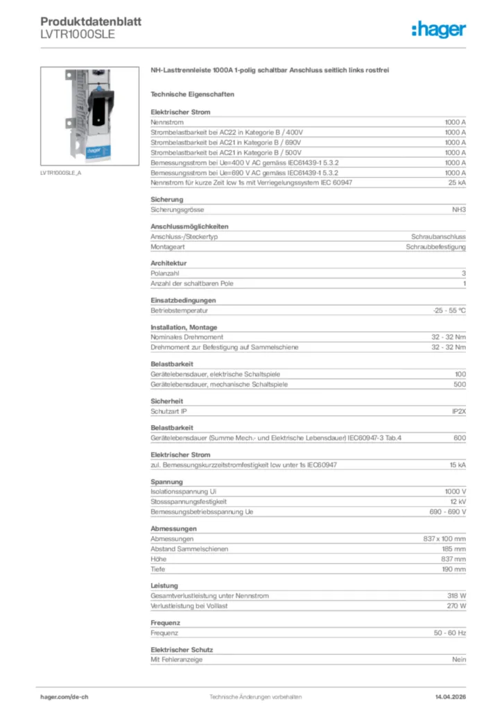Bild Hager Produktdatenblatt LVTR1000SLE | Hager Schweiz