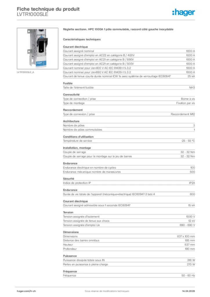 Image Hager Fiche technique du produit LVTR1000SLE | Hager Suisse