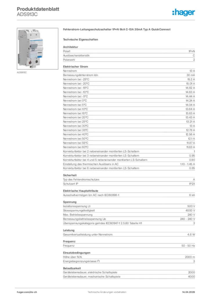 Bild Hager Produktdatenblatt ADS913C | Hager Schweiz