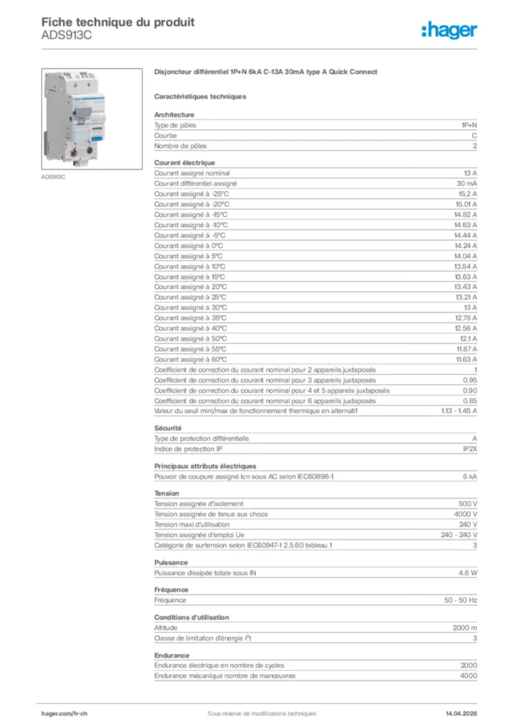 Image Hager Fiche technique du produit ADS913C | Hager Suisse