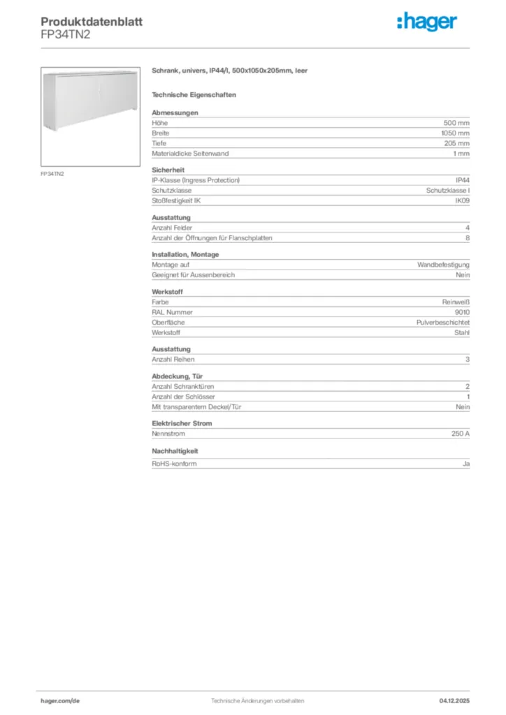 Bild Hager Produktdatenblatt FP34TN2 | Hager Deutschland