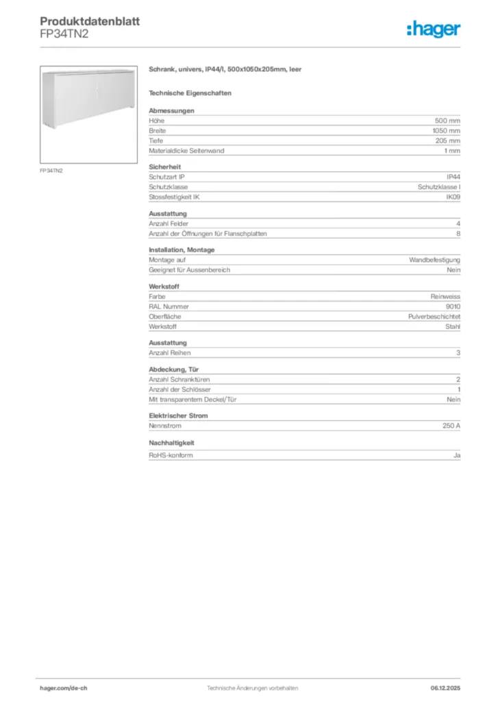 Bild Hager Produktdatenblatt FP34TN2 | Hager Schweiz