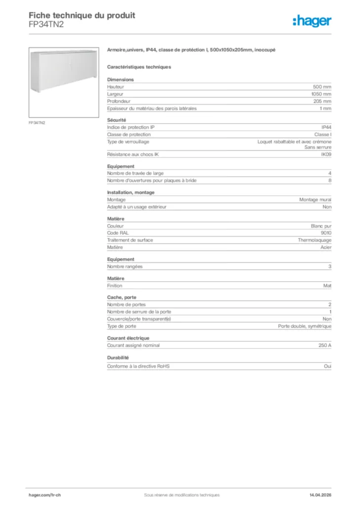 Image Hager Fiche technique du produit FP34TN2 | Hager Suisse