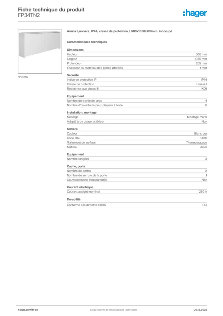 Image Hager Fiche technique du produit FP34TN2 | Hager Suisse