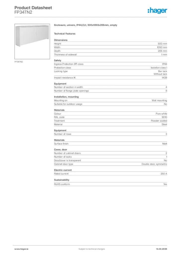 Image Hager Product data sheet FP34TN2  | Hager