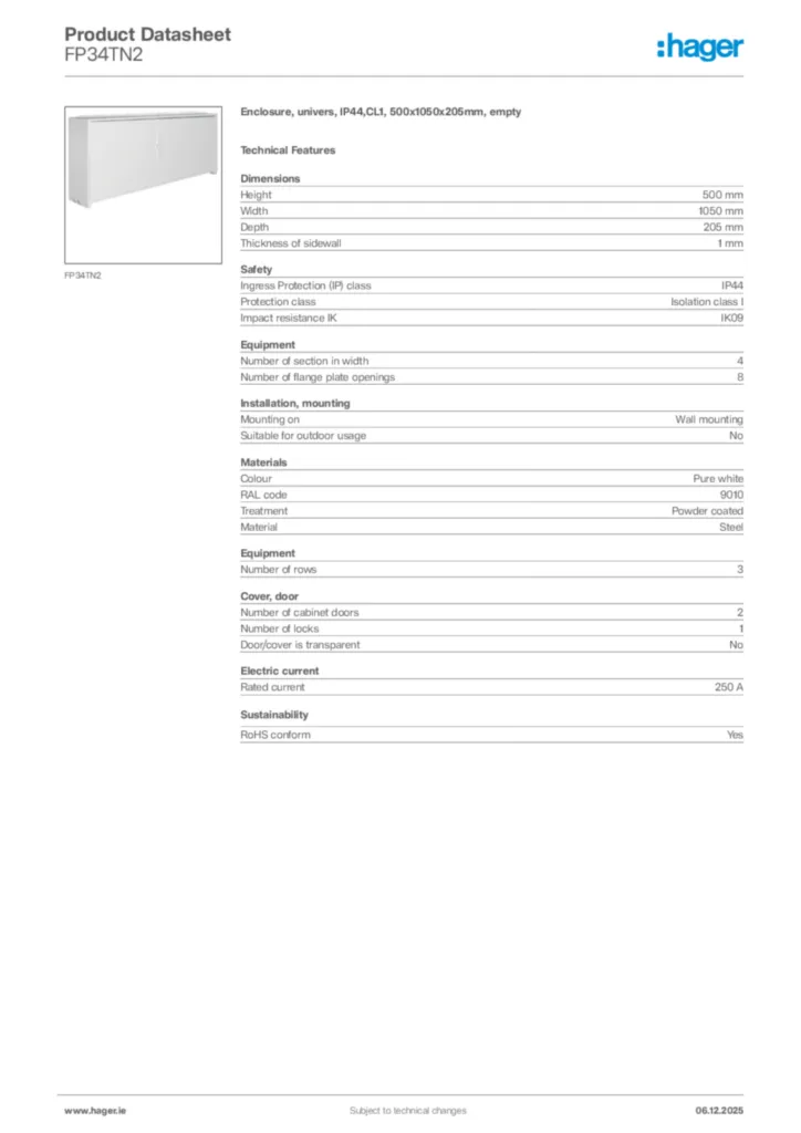 Image Hager Product data sheet FP34TN2  | Hager