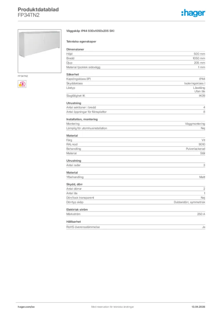 Bild Hager Produktdatablad FP34TN2 | Hager Sverige