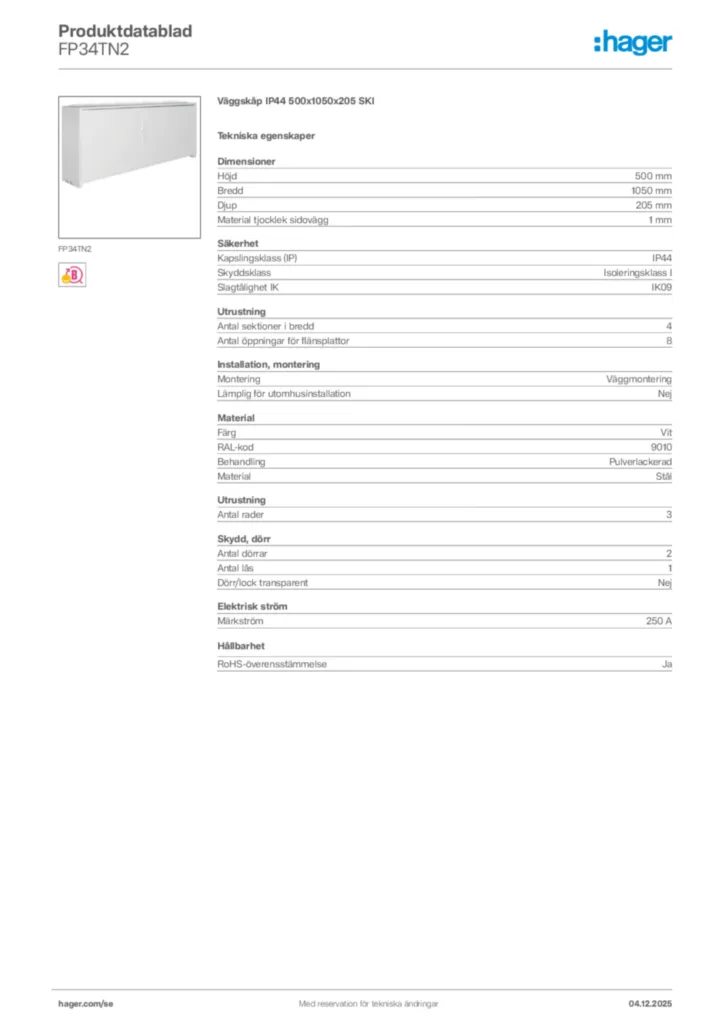 Bild Hager Produktdatablad FP34TN2 | Hager Sverige