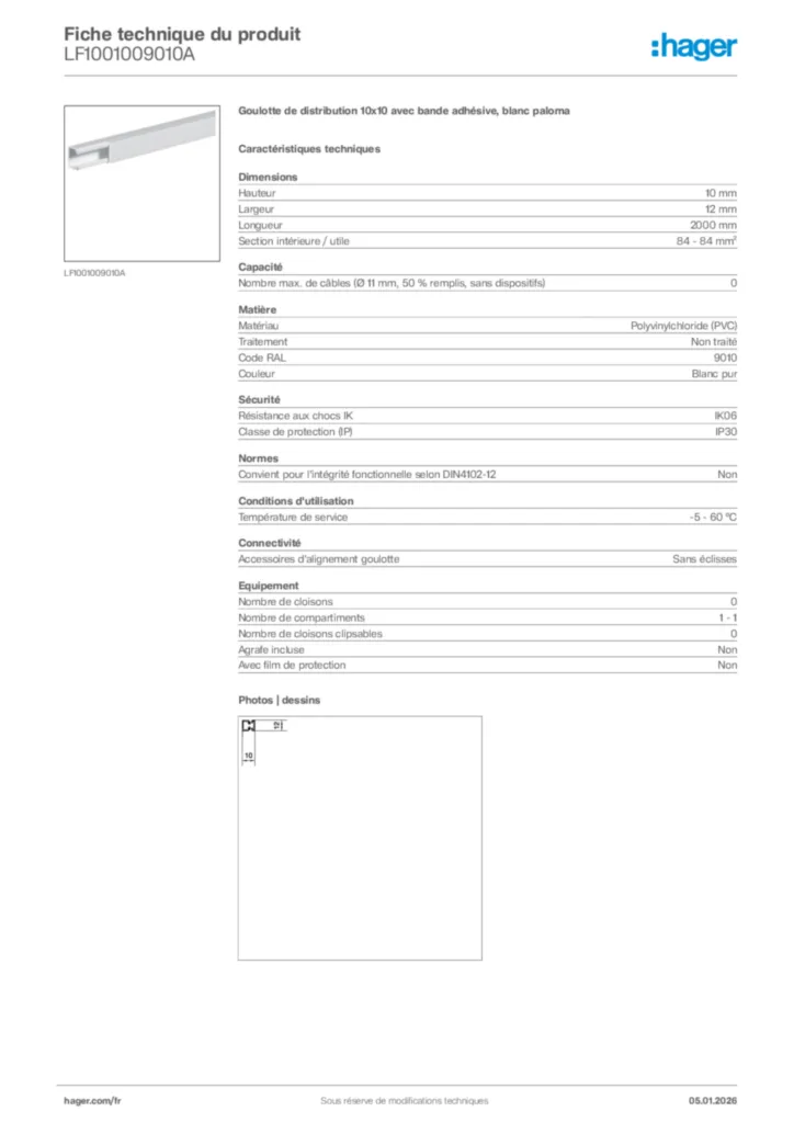 Image Hager Fiche technique du produit LF1001009010A | Hager France