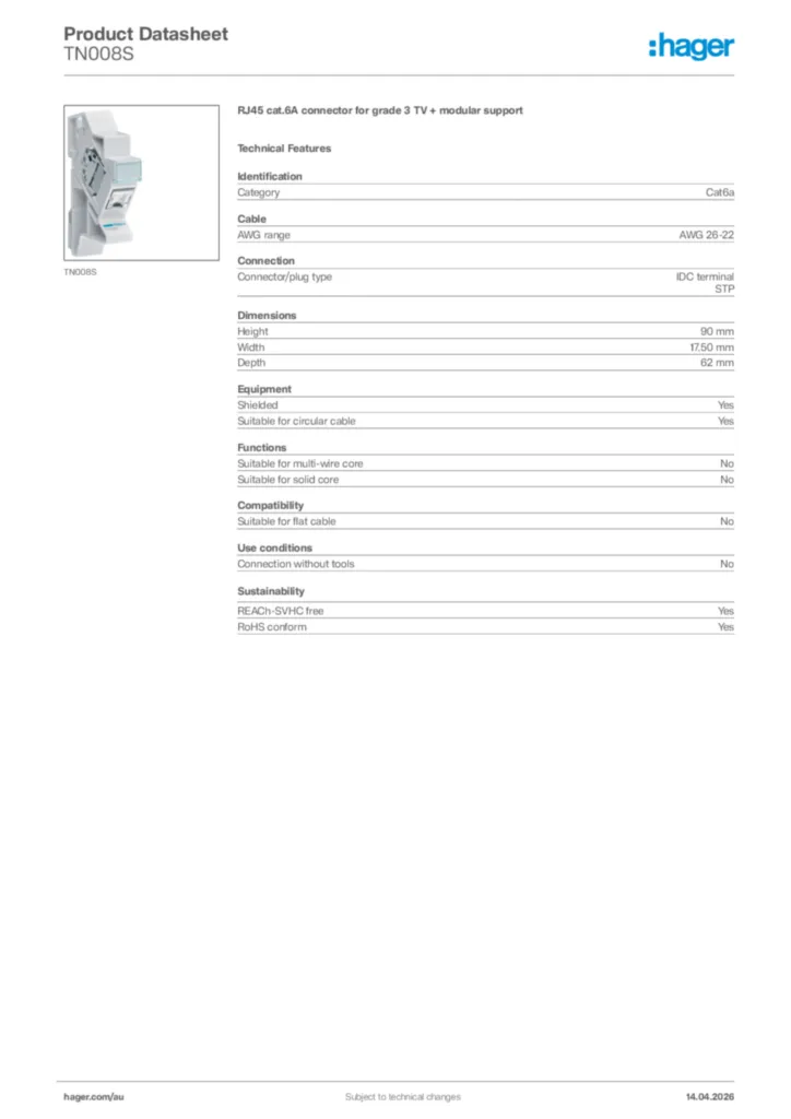 Image Hager Product data sheet TN008S  | Hager Australia