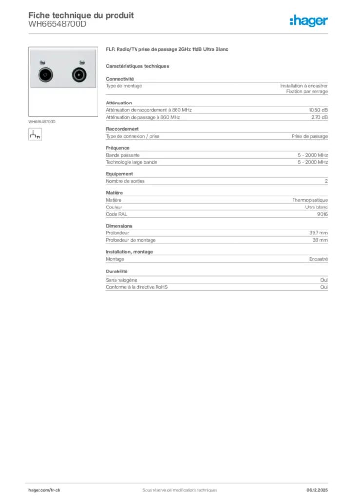 Image Hager Fiche technique du produit WH66548700D | Hager Suisse