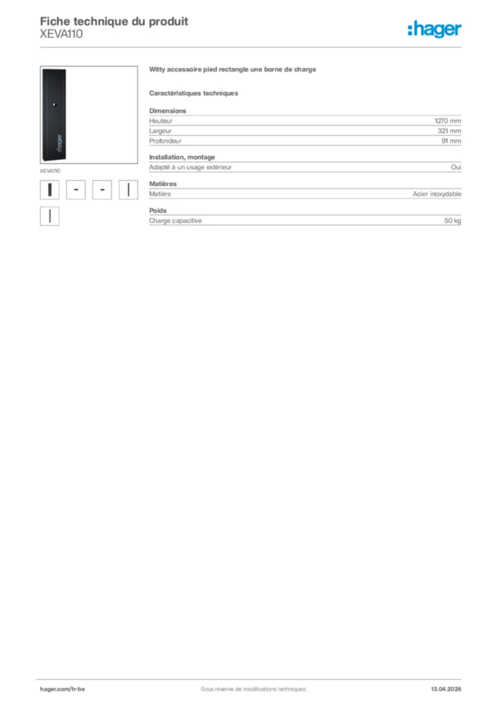 Image Hager Fiche technique du produit XEVA110 | Hager Belgique