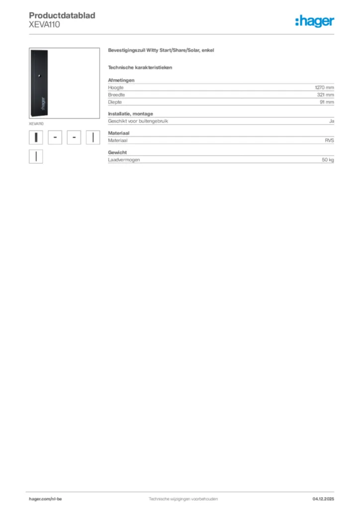Afbeelding Hager Productdatablad XEVA110 | Hager Belgium