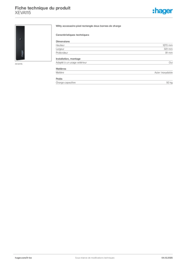 Image Hager Fiche technique du produit XEVA115 | Hager Belgique