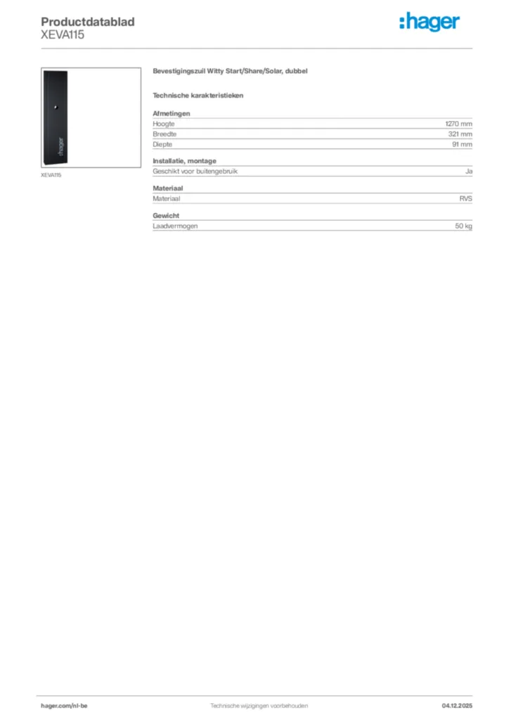 Afbeelding Hager Productdatablad XEVA115 | Hager Belgium