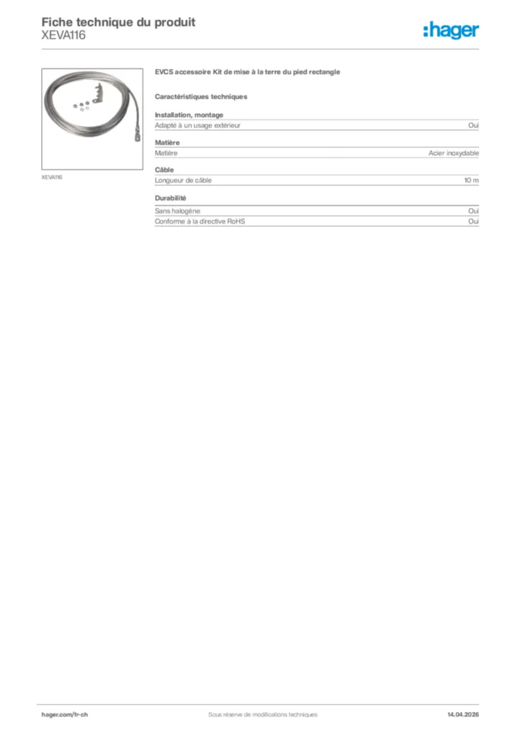 Image Hager Fiche technique du produit XEVA116 | Hager Suisse